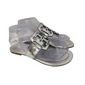 Tory Burch Miller Sandals Womens Size 6.5 Silver Metallic Leather Flat
